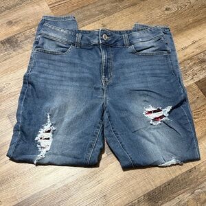 Maurices Distressed Denim with Red Plaid Accent